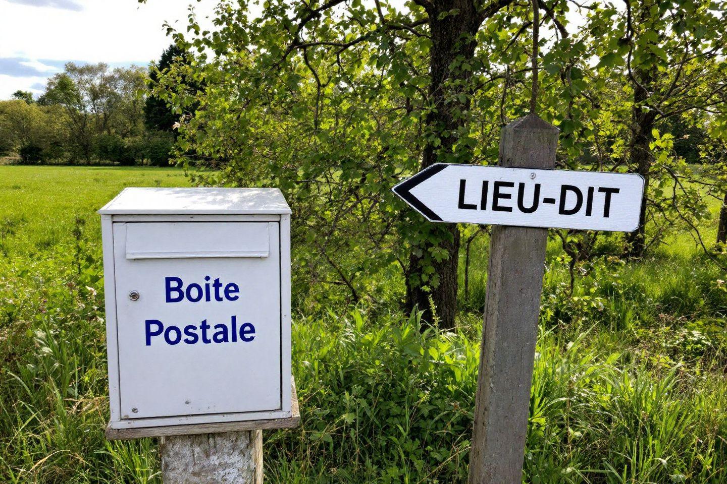 Boîte aux lettres blanche et panneau indicatif dans un champ verdoyant