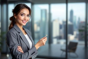 Professionnelle confiante en costume gris tenant une clé