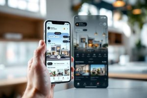 Deux smartphones affichant une application de visualisation de maisons modernes