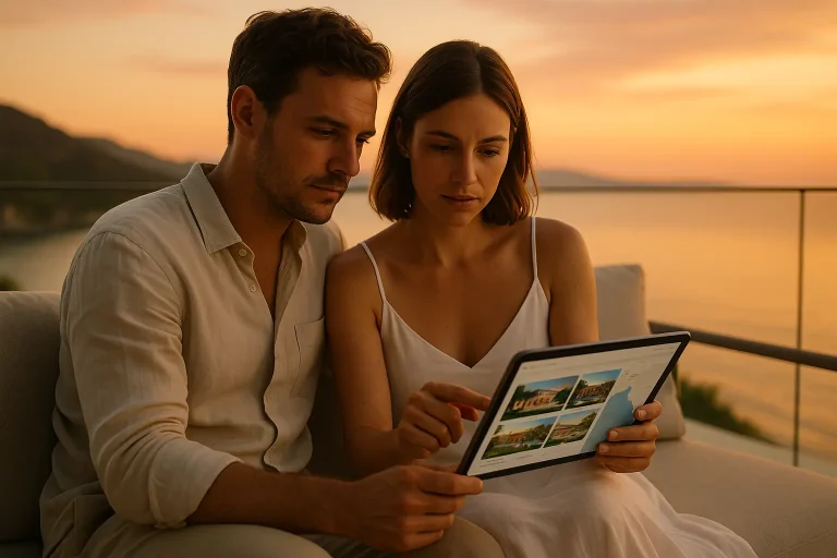 couple-evaluant-des-locations-de-vacances-au-coucher-du-soleil