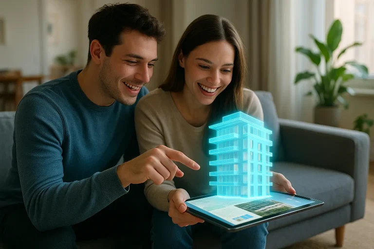 couple-examine-modele-3d-dimmeuble-neuf