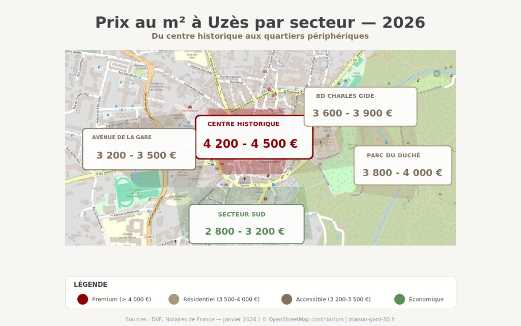 Carte des prix au m² dans l'Uzège en 2026 : Uzès centre à 3 800 €, villages environnants de 2 600 à 3 600 € selon la distance