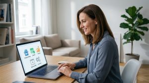 Une femme souriante utilise un ordinateur portable dans un bureau lumineux à domicile, consultant un tableau de bord affichant des annonces immobilières, un calendrier, des analyses et des outils d'automatisation.