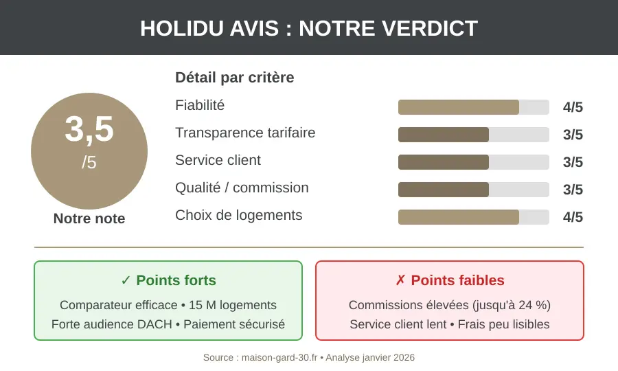 Infographie verdict Holidu avis : note globale 3,5 sur 5, points forts comparateur efficace et 15 millions de logements, points faibles commissions élevées et service client lent