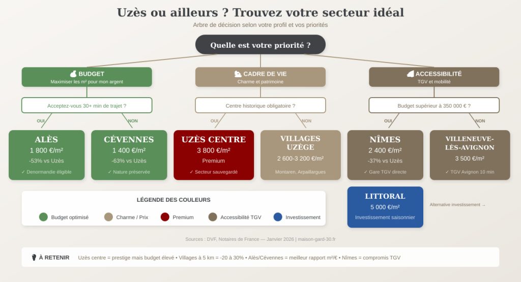 Arbre de décision pour choisir entre Uzès, les villages de l'Uzège, Nîmes ou Alès selon vos priorités : budget, cadre de vie ou accessibilité TGV