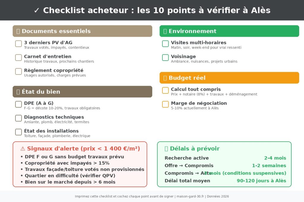 Checklist des 10 points à vérifier avant d'acheter à Alès : documents copropriété, DPE, diagnostics, budget réel, signaux d'alerte