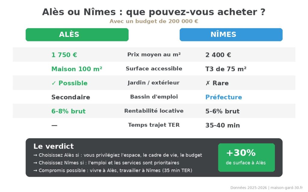 Comparatif immobilier Alès vs Nîmes 2026 : avec 200 000€, maison 100m² à Alès contre T3 75m² à Nîmes, soit +30% de surface