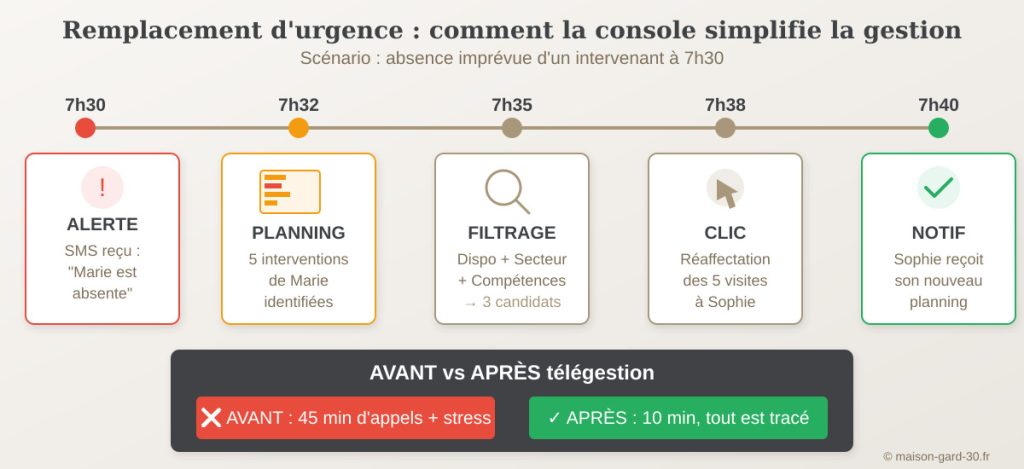 Timeline de remplacement d'urgence sur console Domatel : de l'alerte absence à la réaffectation en 10 minutes
