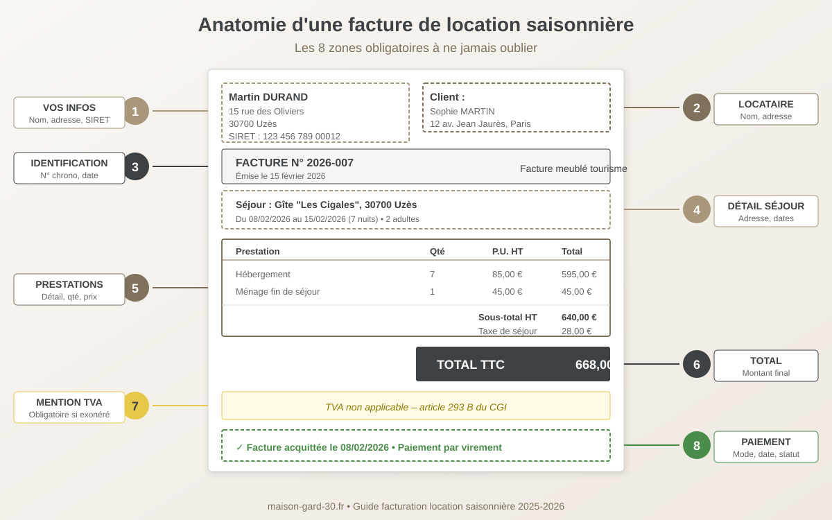 Anatomie d'une facture de location saisonnière avec les 8 zones obligatoires : coordonnées loueur avec SIRET, informations locataire, numéro et date, détail séjour, tableau des prestations, total TTC, mention TVA, informations de paiement