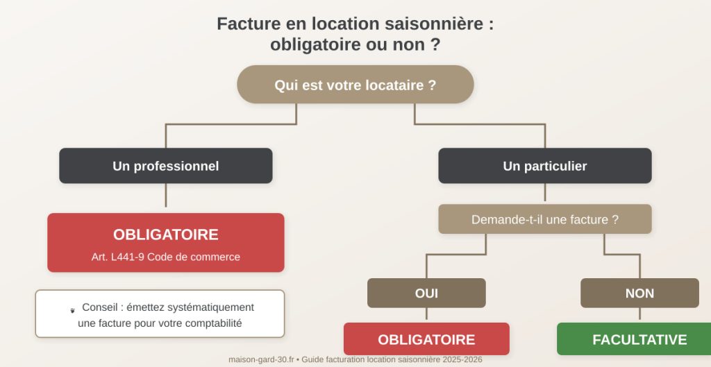 Schéma décisionnel montrant quand une facture est obligatoire en location saisonnière : obligatoire si locataire professionnel ou sur demande d'un particulier, facultative sinon