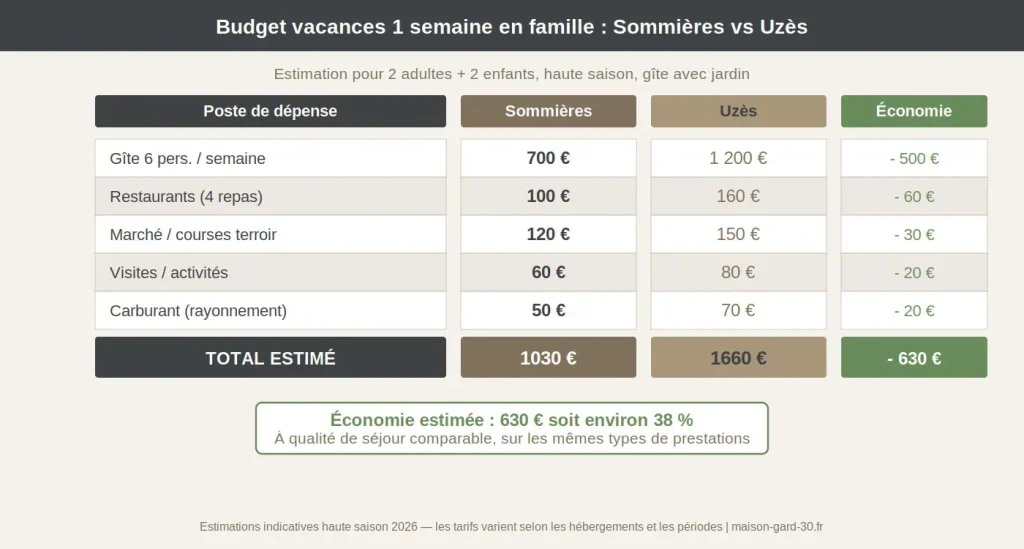 Comparatif budget vacances 1 semaine en famille Sommières vs Uzès : total estimé 1 030 euros contre 1 660 euros, soit 630 euros d'économie