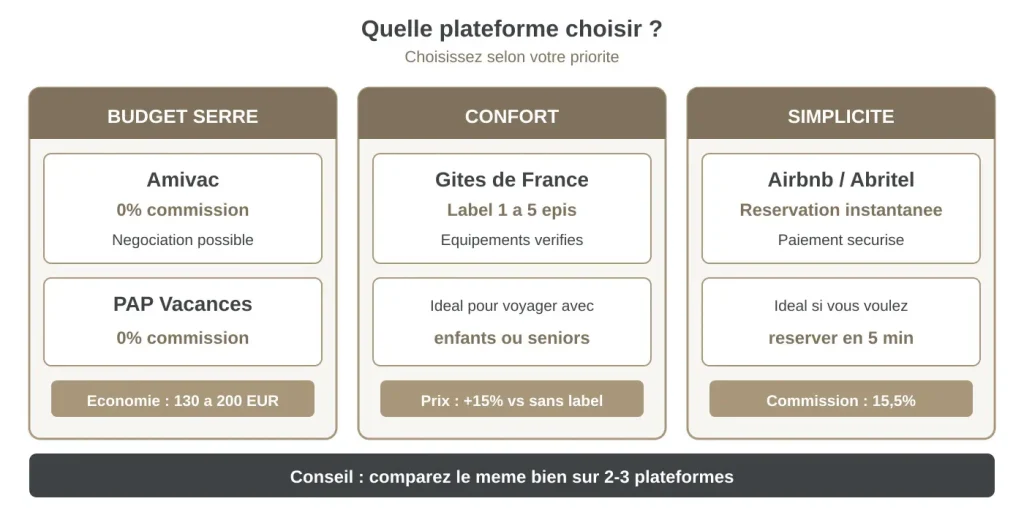 Matrice de décision pour choisir entre Amivac, Gîtes de France et Airbnb selon votre priorité : budget, garanties ou simplicité