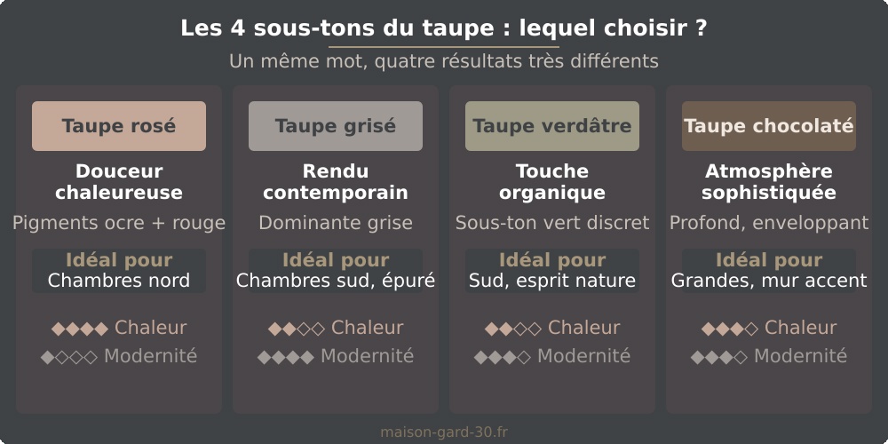 Les quatre sous-tons du taupe comparés : rosé (douceur chaleureuse, idéal chambres nord), grisé (rendu contemporain, chambres sud), verdâtre (touche organique, esprit nature) et chocolaté (atmosphère sophistiquée, grandes chambres et murs d'accent), avec indicateurs de chaleur et de modernité.