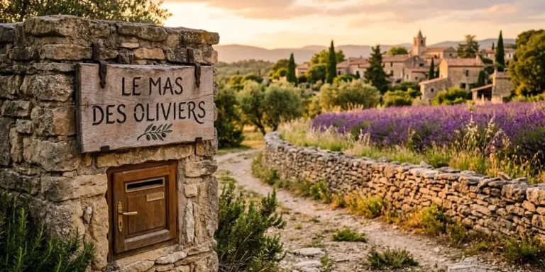 Boîte aux lettres et panneau lieu-dit dans un village du Gard