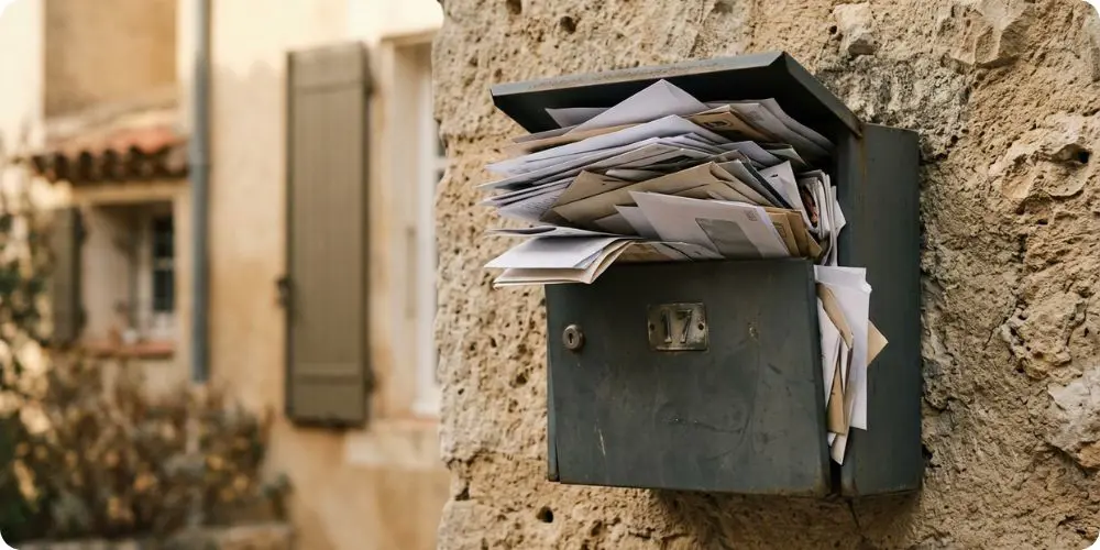 Boîte aux lettres pleine de courrier devant une maison, signe d'absence à éviter pendant les vacances