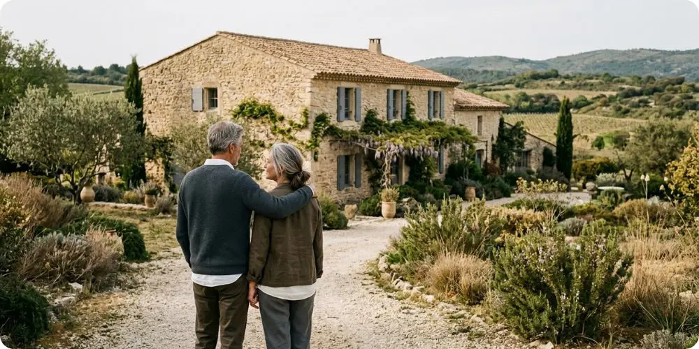 Couple de cinquantenaires devant une maison rurale du Gard, profil type de gardiens contre logement gratuit