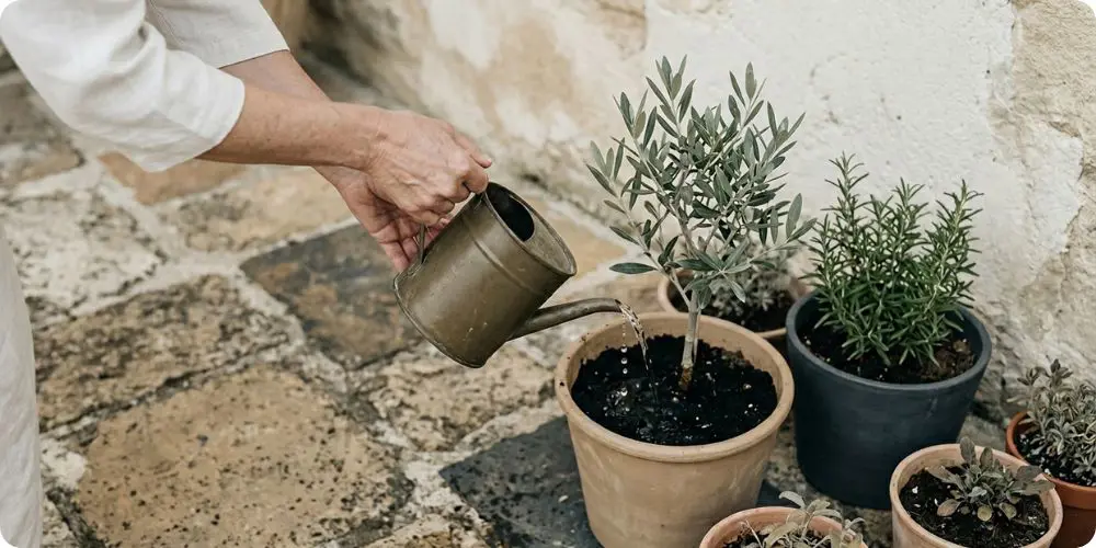 Mains arrosant les plantes d'un jardin, tâche d'entretien autorisée dans le cadre du gardiennage contre logement