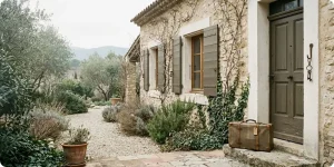 Maison provençale aux volets fermés avec une valise posée sur le seuil avant un départ en vacances