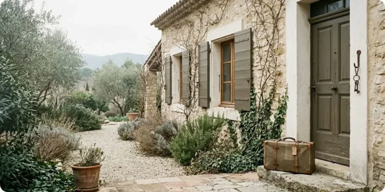 Maison provençale aux volets fermés avec une valise posée sur le seuil avant un départ en vacances