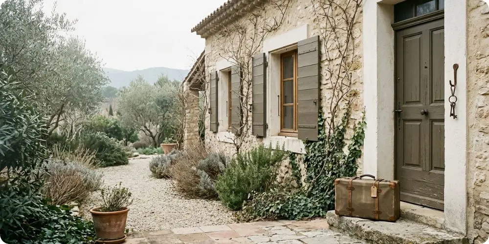 Maison provençale aux volets fermés avec une valise posée sur le seuil avant un départ en vacances