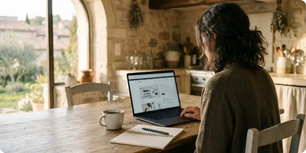 Personne consultant une plateforme de mise en relation logement contre gardiennage sur un ordinateur portable