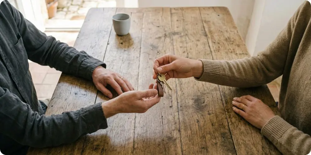 Remise de clés entre un propriétaire et son gardien de maison pour faire garder son logement gratuitement