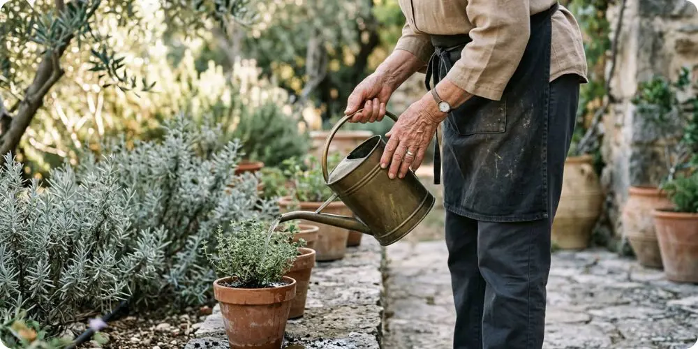Retraité homesitter arrosant un jardin méditerranéen en été