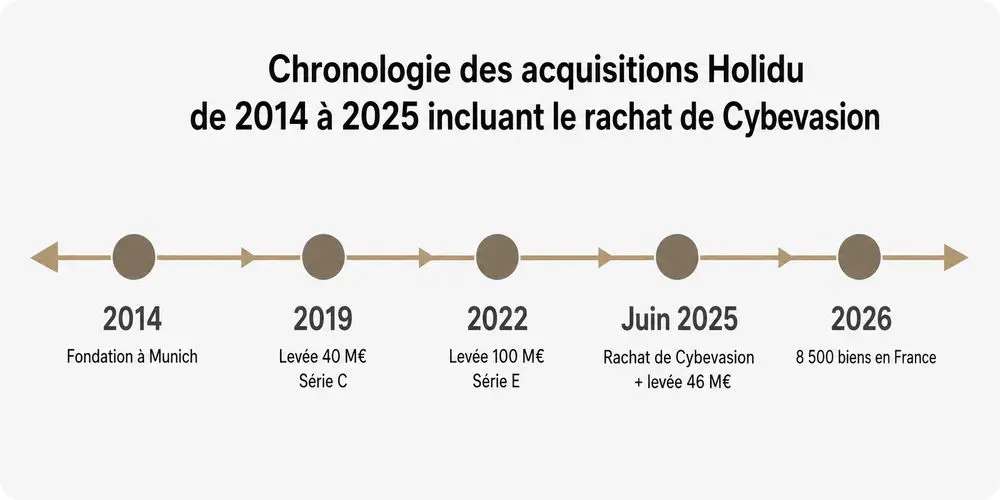 Chronologie des acquisitions Holidu de 2014 à 2025 incluant le rachat de Cybevasion