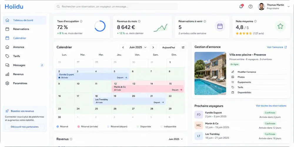 Dashboard Holidu propriétaire avec calendrier de réservations et gestion d'annonce location vacances
