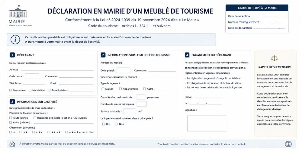 Formulaire de déclaration en mairie pour meublé de tourisme selon la Loi Le Meur 2024