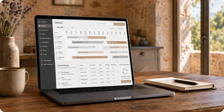 Interface Eviivo PMS affichant le calendrier de réservation d'un gîte avec synchronisation OTA