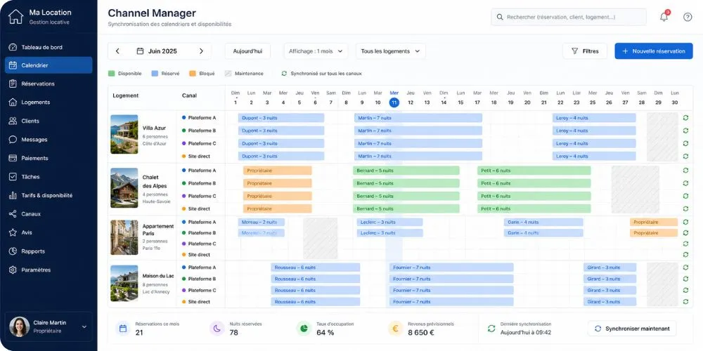 Interface de channel manager affichant le calendrier synchronisé de plusieurs plateformes de location saisonnière