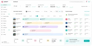 Interface du tableau de bord Lodgify avec calendrier de réservations et channel manager 2026