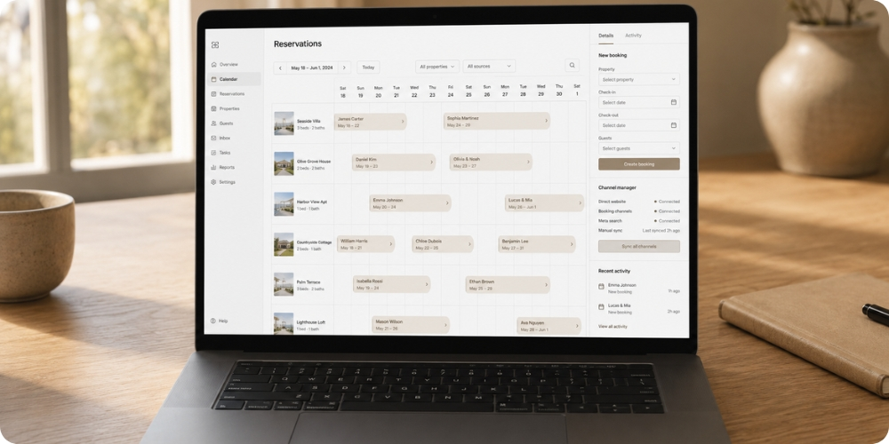 Interface du tableau de bord avec calendrier de réservations et channel manager 2026