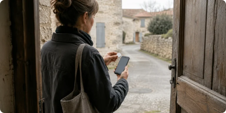 Intervenant à domicile présentant un badge NFC près de son smartphone pour pointer son arrivée chez un bénéficiaire