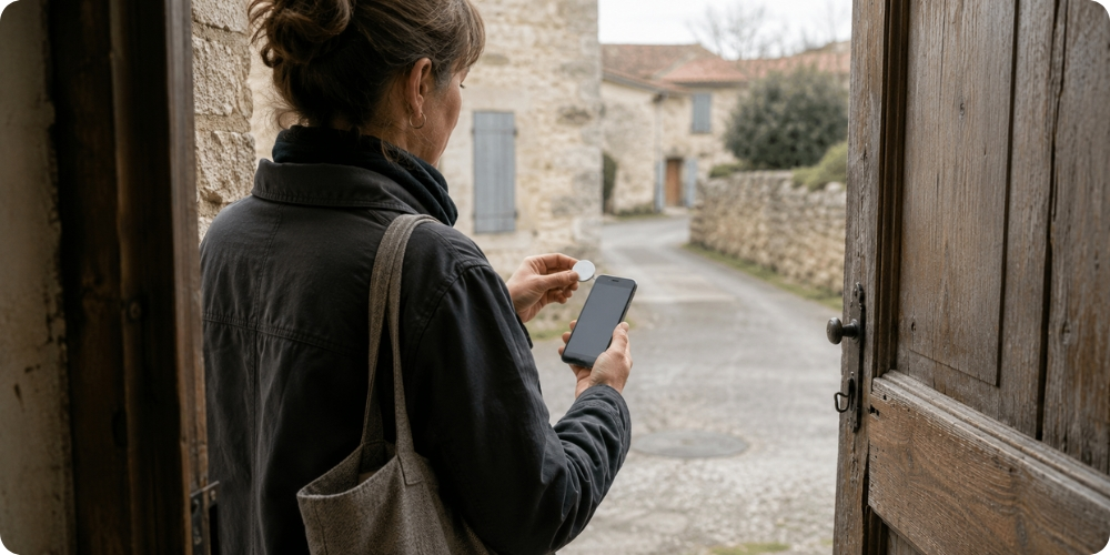 Intervenant à domicile présentant un badge NFC près de son smartphone pour pointer son arrivée chez un bénéficiaire