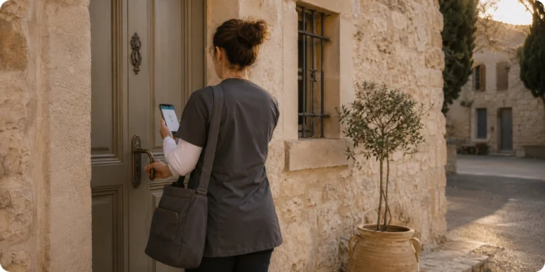 Intervenante à domicile utilisant Domatel Mobile sur son smartphone pour pointer son arrivée chez un bénéficiaire
