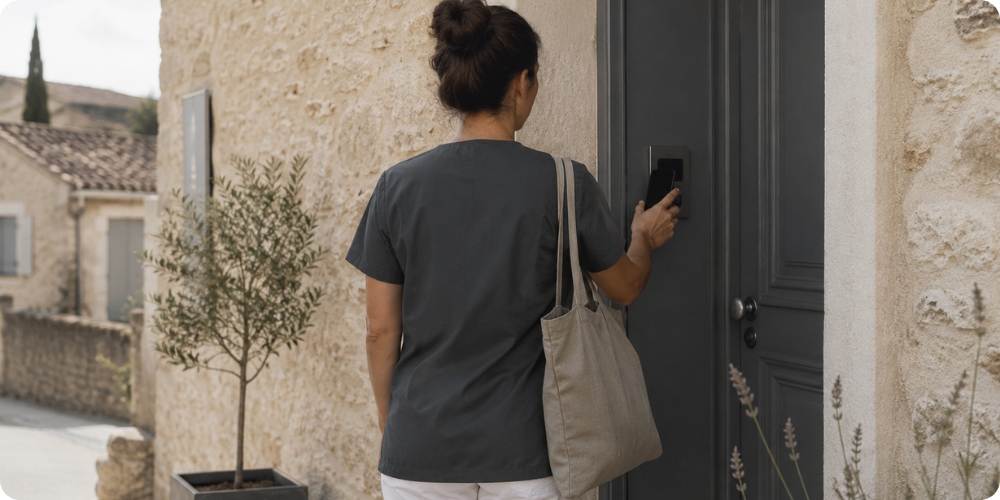 Intervenante à domicile utilisant un smartphone pour pointer via l'application Domatel Mobile