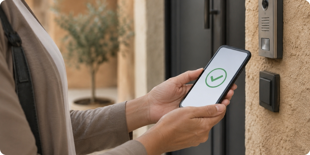 Intervenante à domicile utilisant un smartphone pour pointer via l'application Domatel Mobile