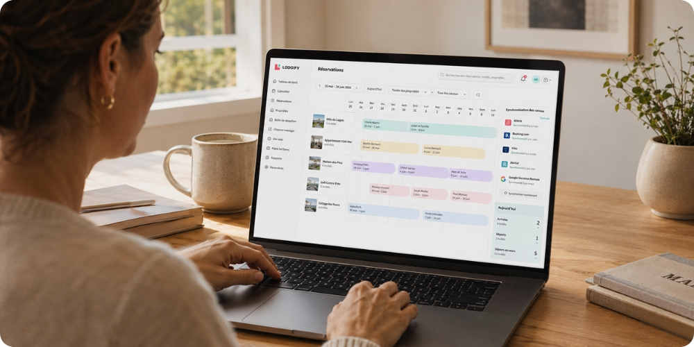Propriétaire consultant l'interface Lodgify sur ordinateur portable pour gérer ses locations saisonnières
