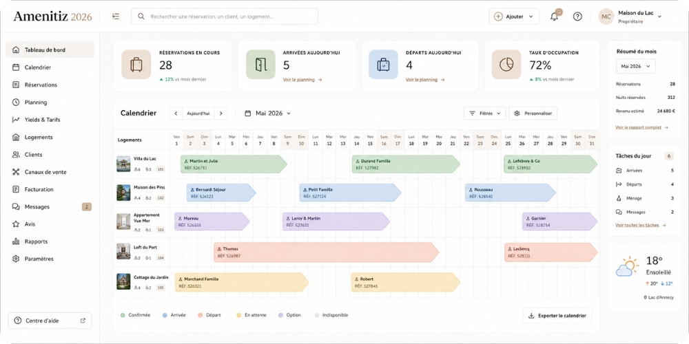 Tableau de bord Amenitiz 2026 avec vue calendrier et réservations en cours