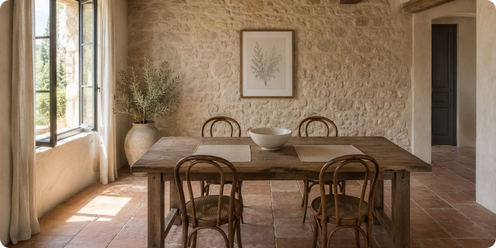 Home staging avant vente : salon dépersonnalisé dans une maison de village du Gard