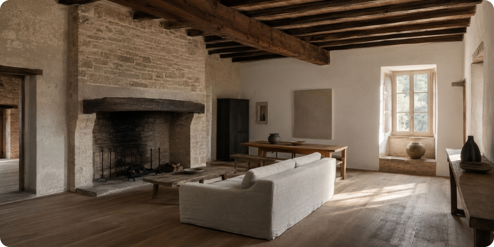 Intérieur rénové d'un mas cévenol : cheminée en pierre, poutres apparentes, mobilier sobre dans un cadre lumineux