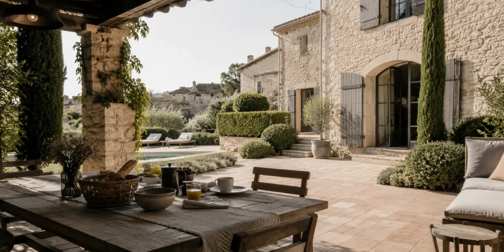 Location vacances type 3 à Uzès vue depuis la terrasse en été, ambiance propriétaire Gard (2)
