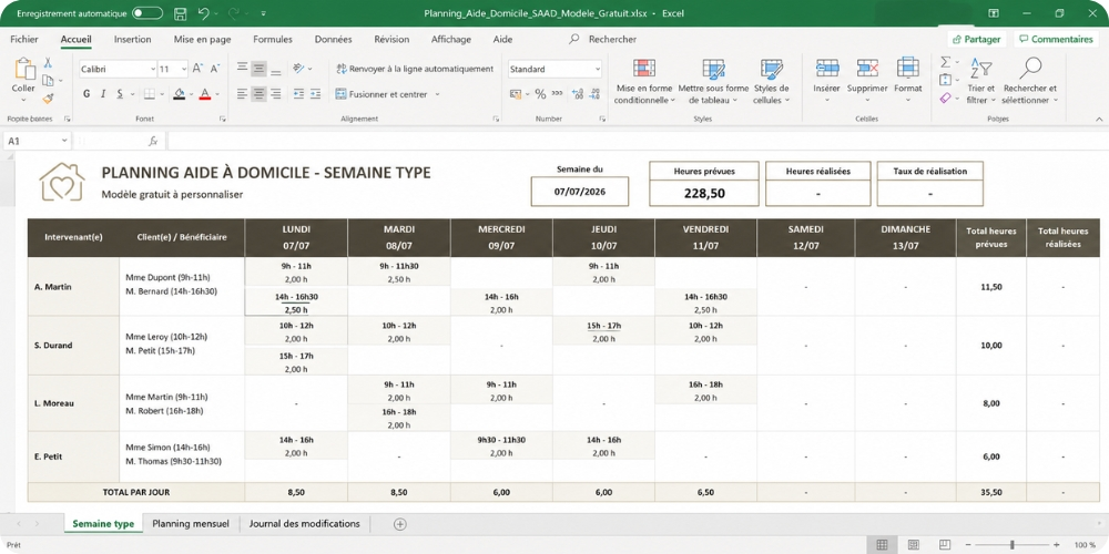 Modèle Excel gratuit de planning aide à domicile à télécharger avec trois onglets prêts à personnaliser