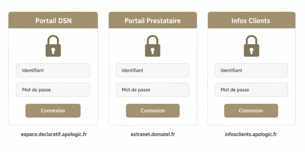 Portails Apologic : interfaces de connexion déclaratif DSN, prestataire et infos clients