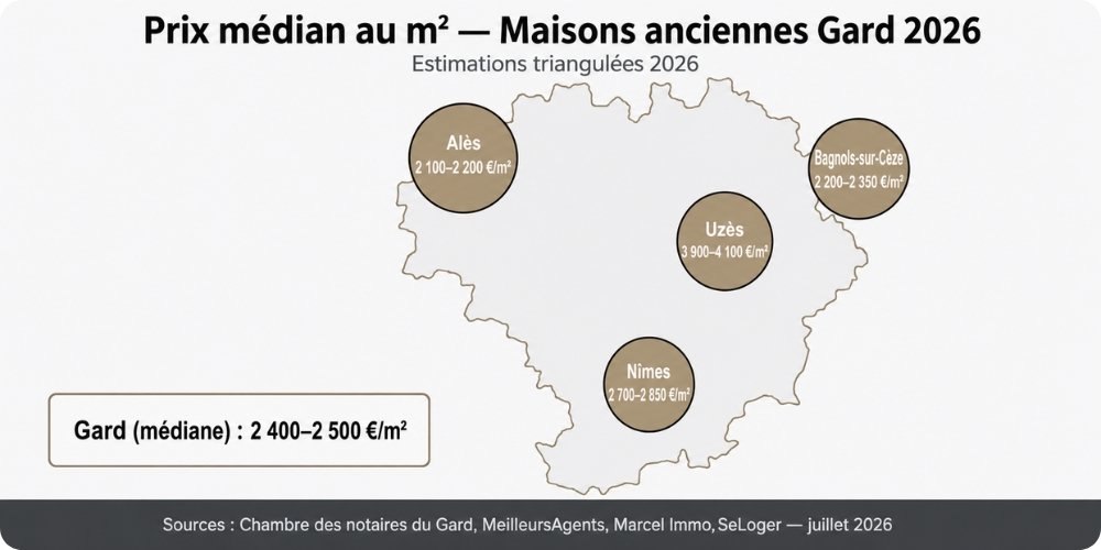 Prix médian m² dans le Gard 2026 par commune Uzès, Nîmes, Alès, Bagnols-sur-Cèze