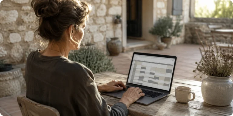 Propriétaire de chambre d'hôtes cévenole consultant son calendrier de réservations sur ordinateur portable