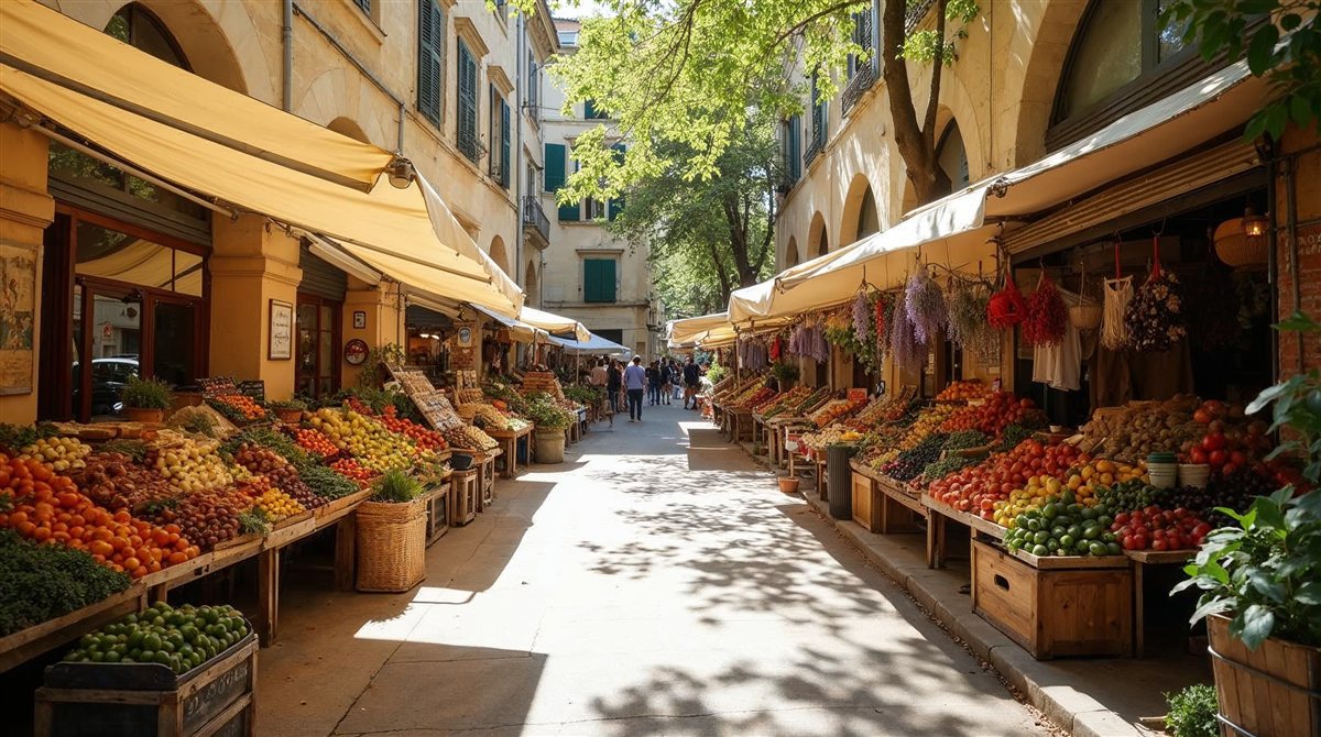 Marché du samedi matin place aux Herbes à Uzès sous les arcades avec étals de produits régionaux