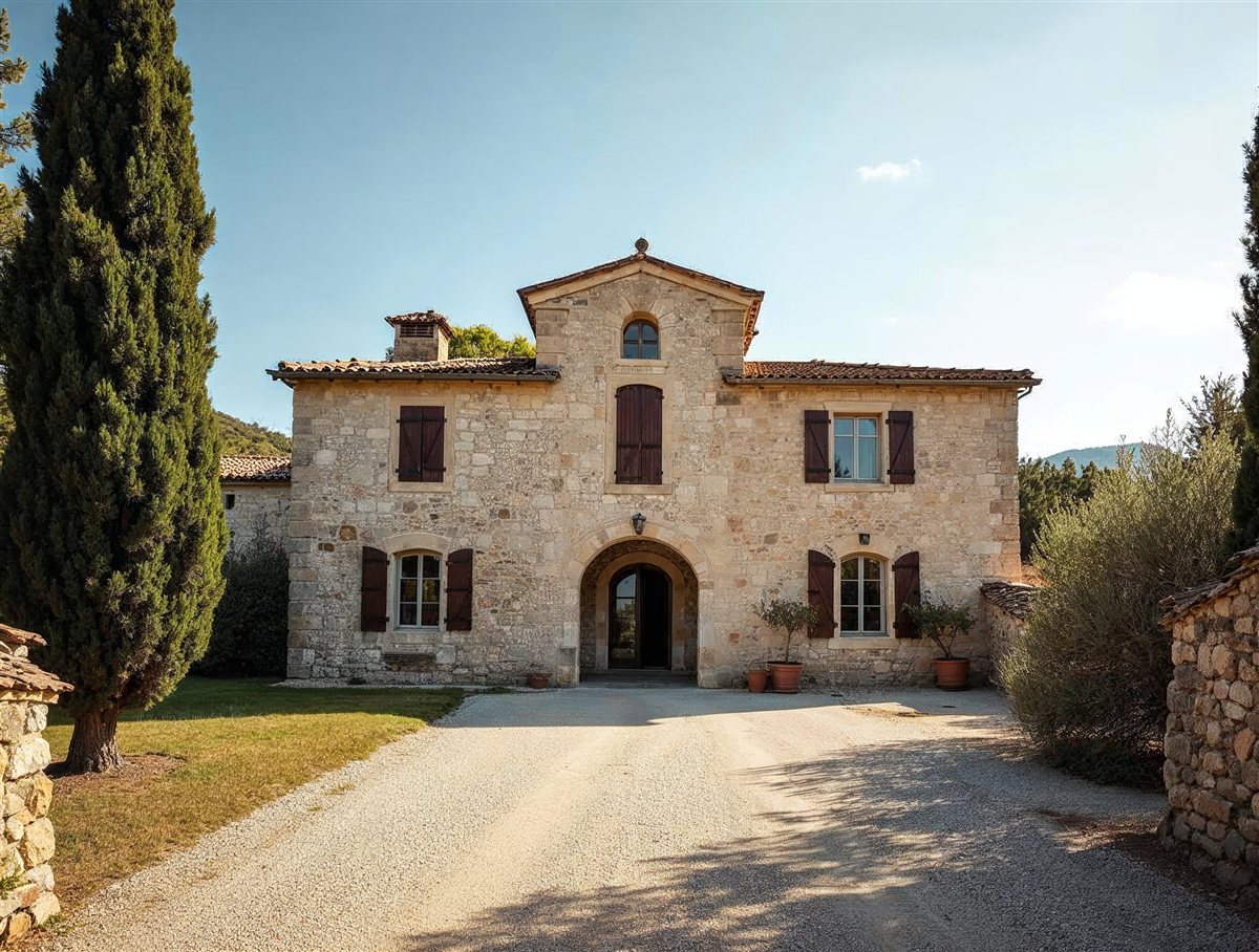Mas provençal en pierre calcaire de l’Uzège avec volets bois et cyprès méditerranéens